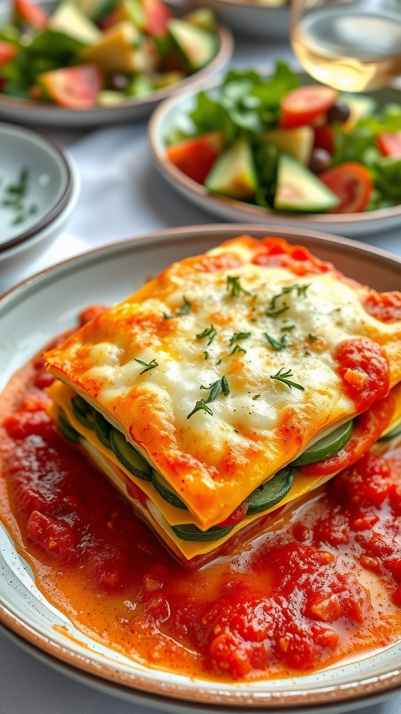 Elegant Vegetable Lasagna with Ricotta for Mother A slice of vegetable lasagna with ricotta cheese, garnished with fresh basil, served on a plate beside a salad.